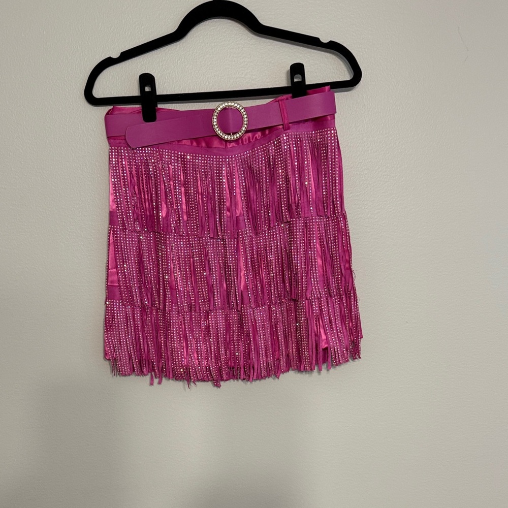 Glamorous Pink Fringe Mini Skirt with Belt